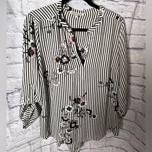 Black Rainn Striped Blouse with Floral Accents